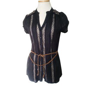 Short Sleeve Sheer Top with Brown Leather Belt